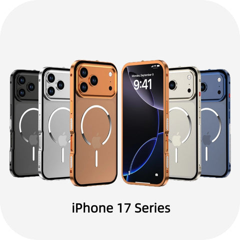 iPhone 17 Series magnetic hollow phone cases in multiple colors with metal frame design