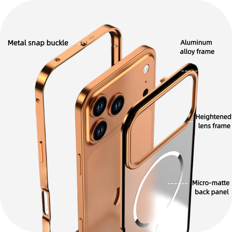 Exploded view of iPhone 17 metal frame case showing snap buckle, lens guard, and frosted back panel