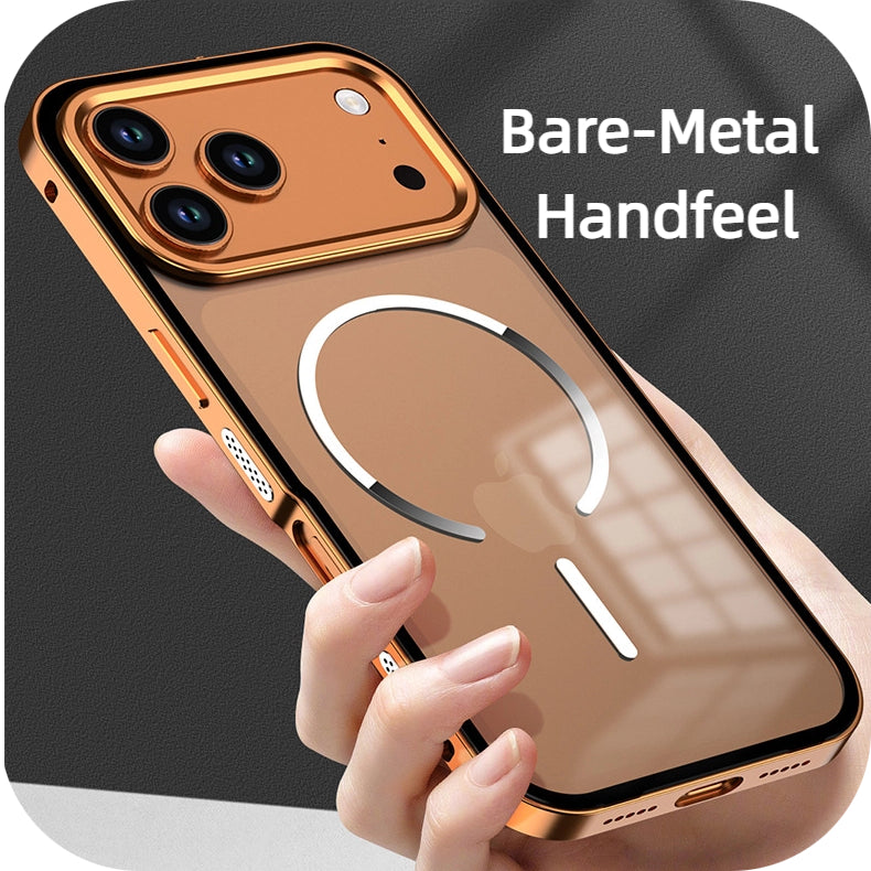 Close-up of iPhone 17 metal hollow case with bare-metal handfeel finish