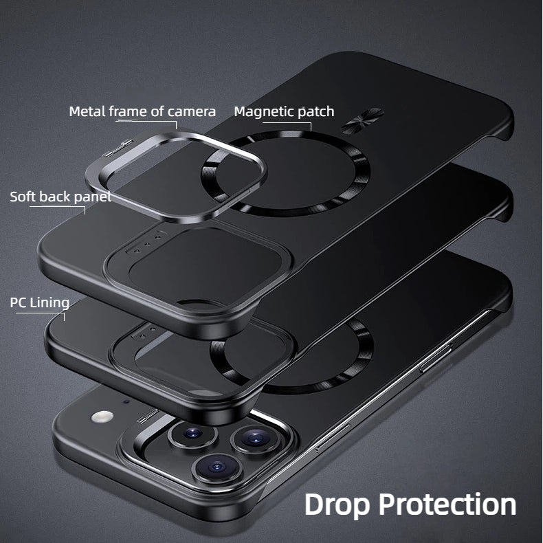 Frameless magnetic phone case with metal lens holder LEKCASE