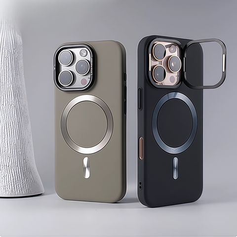 Skin-feel, drop-proof phone case with built-in lens holder