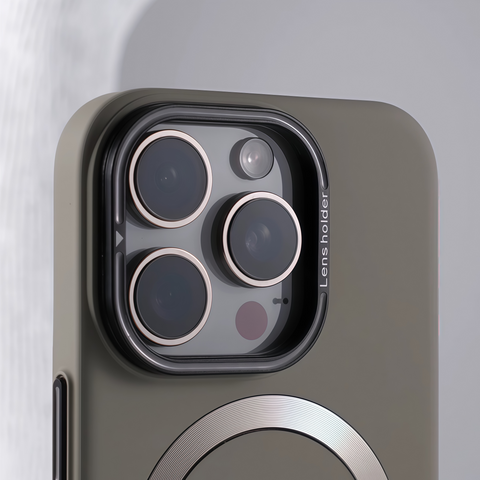 Skin-feel, drop-proof phone case with built-in lens holder