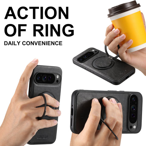 Magnetic Wireless Charging Stand 360° Ring Buckle Leather Case