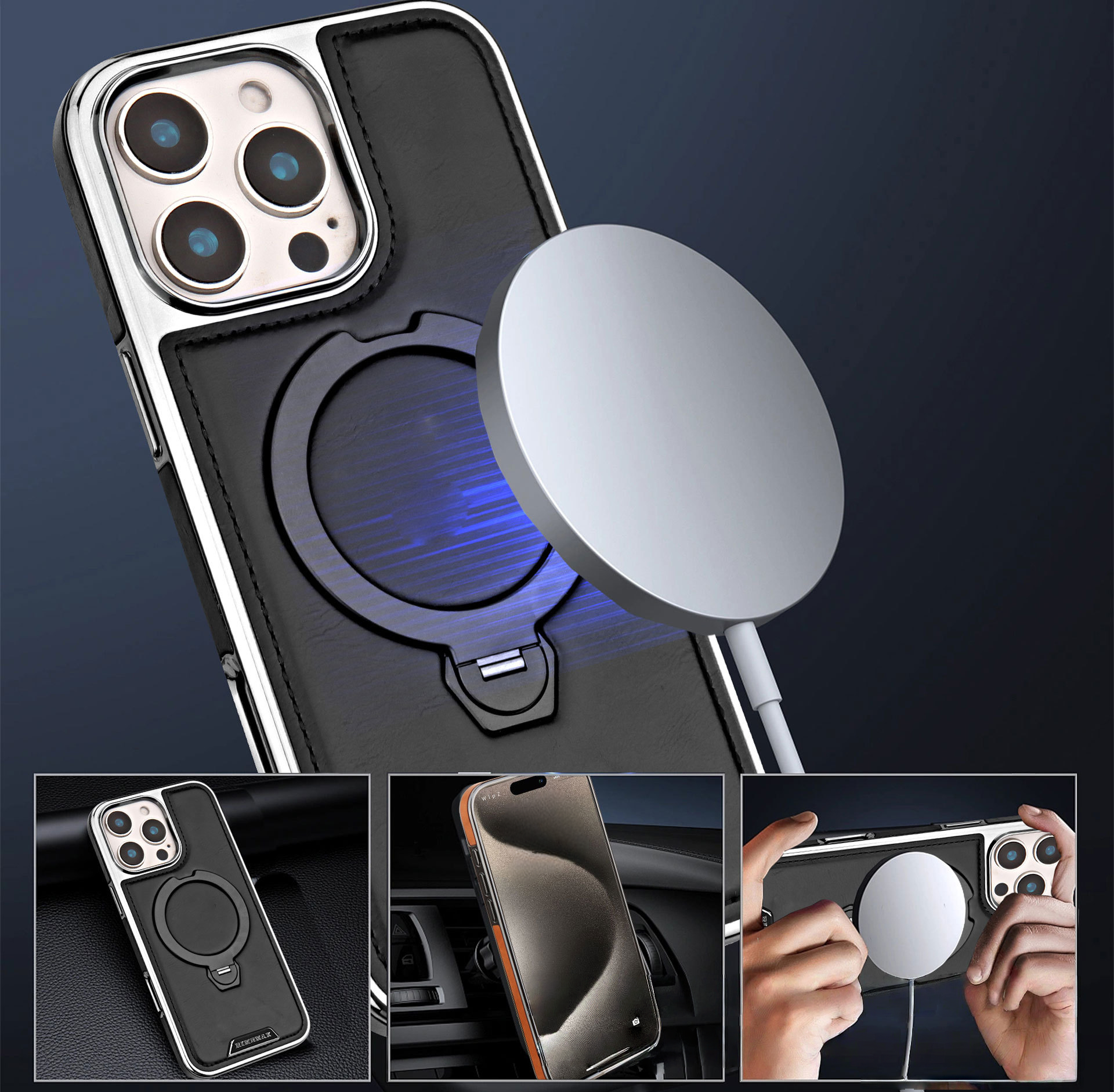 iPhone 17 Pro Max Magnetic Leather Case with 360° Rotating Stand LEKCASE