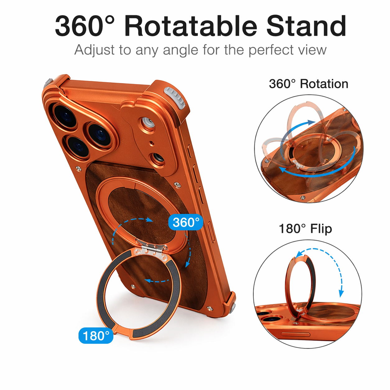Walnut wood phone case with metal frame and rotating stand for iPhone 17 series LEKCASE