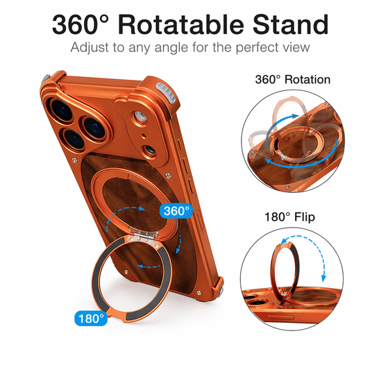 Walnut wood phone case with metal frame and rotating stand for iPhone 17 series LEKCASE