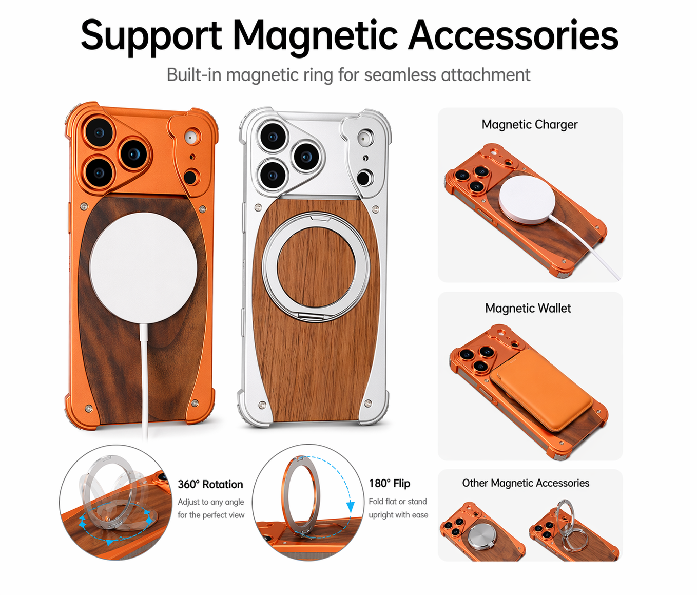 Walnut wood phone case with metal frame and rotating stand for iPhone 17 series LEKCASE
