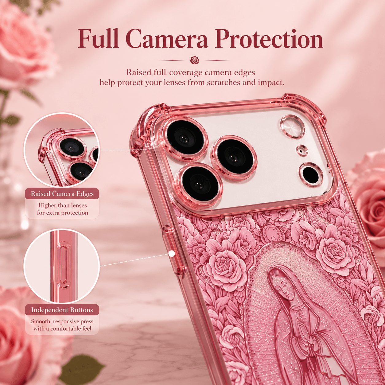 Classic Portrait of Our Lady of Guadalupe — Rose-Themed Case for iPhone 17/16/15/14 Series LEKCASE