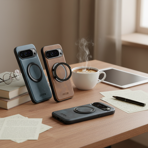 Magnetic Wireless Charging Stand 360° Ring Buckle Leather Case